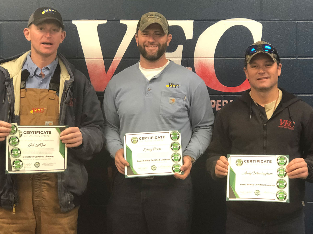 2019 Safety Certified Lineman Recipients Sid LaRue, Kenny Poore, and Andy Winningham with Volunteer Energy Cooperative